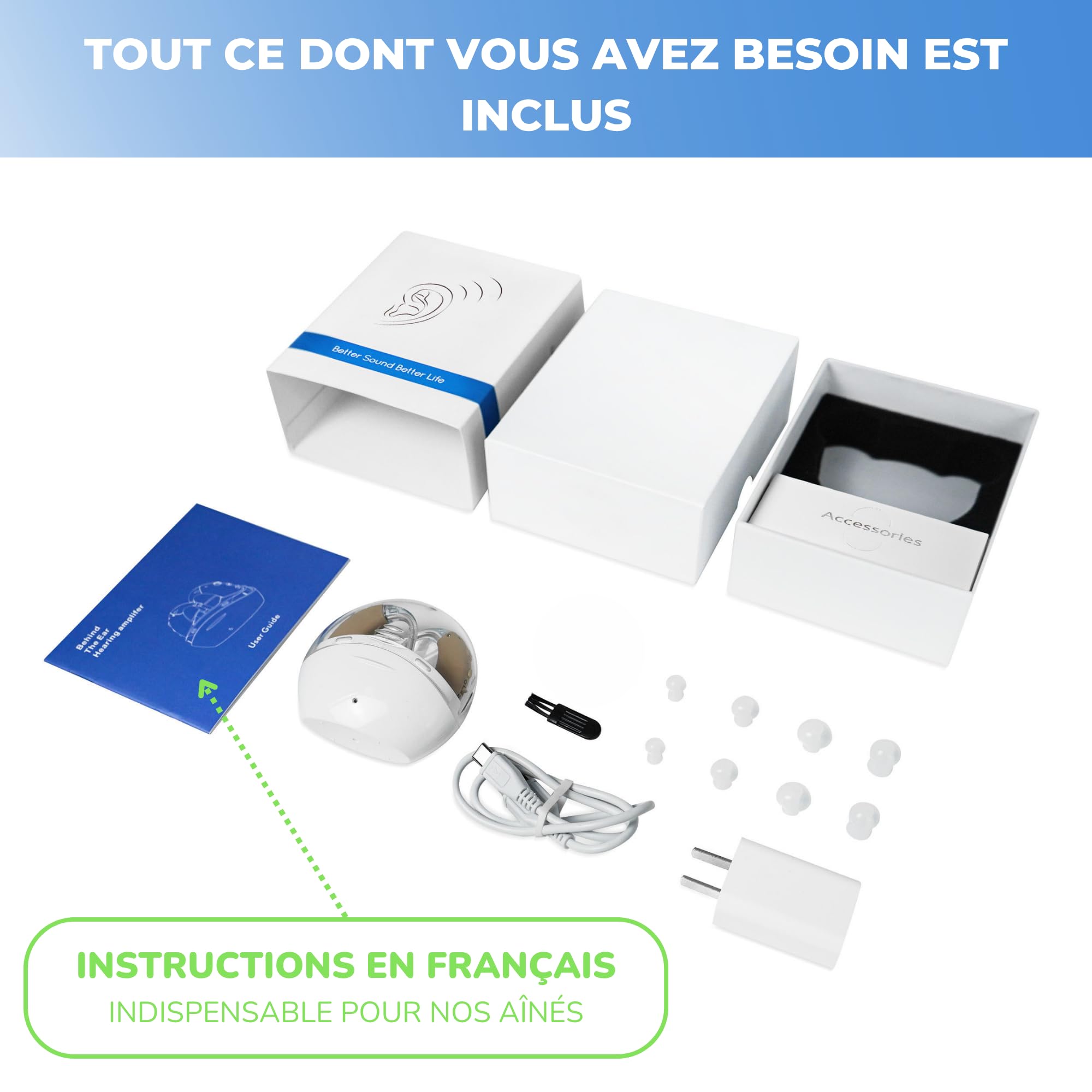 Amplificateur Auditif Rechargeable, Amplificateur de Son Auditif, Appareil Audio Personnel, Boîtier Recharge Portable, Lot de 2 Réversibles, Instructions en Français, Utilisation Prolongée 60 heures