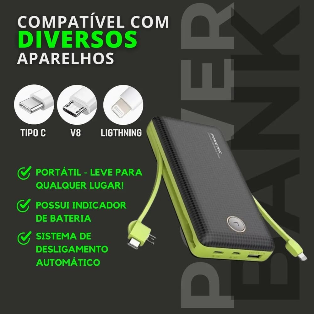 Carregador Portátil Power Bank Universal 20.000mAh, 2 portas USB + 1 porta USB-C, Indicador de bateria Carregamento Rápido Turbo Compatível com Todos Dispositivos Carregador Portátil Power Bank Universal 20.000mAh, 2 portas USB + 1 porta USB-C, Indicador de bateria Carregamento Rápido Turbo Compatível com Todos Dispositivos