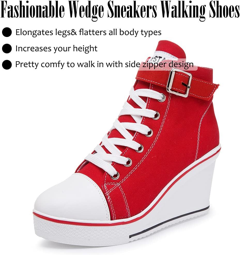 Mei MACLEOD Wedge Heel Sneaker for Women High Heel Sneaker Side Zipper/Lace Up Canvas Shoes for Ladies College Students