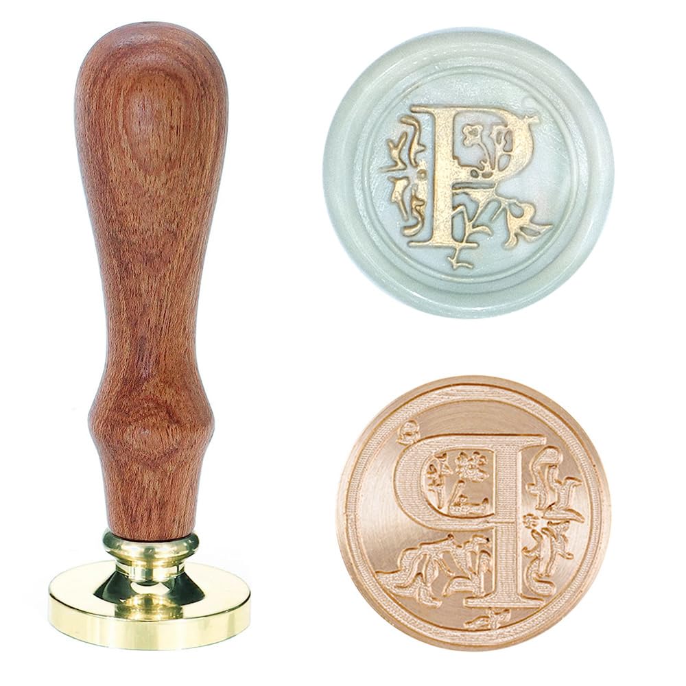 Poemluve Wax Seal Stamp Alphabe Letters P 25mm Initials Vintage Sealing Wax Stamps Brass Head with Removable Wood Handle for Scrapbooking Wedding Invitation