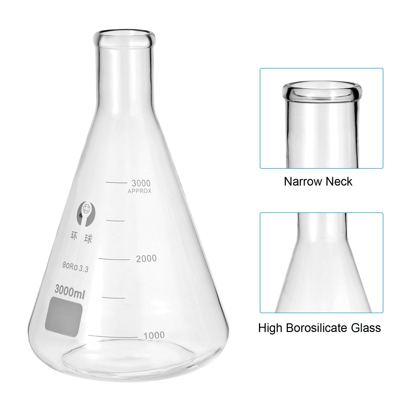 PATIKIL Erlenmeyerkolben 3000ml 101.4oz Schmalhals Messkolben Borosilikatglas Mit Aufgedruckter Skala Für Labor Experimente Chemie Wissenschaft Studium