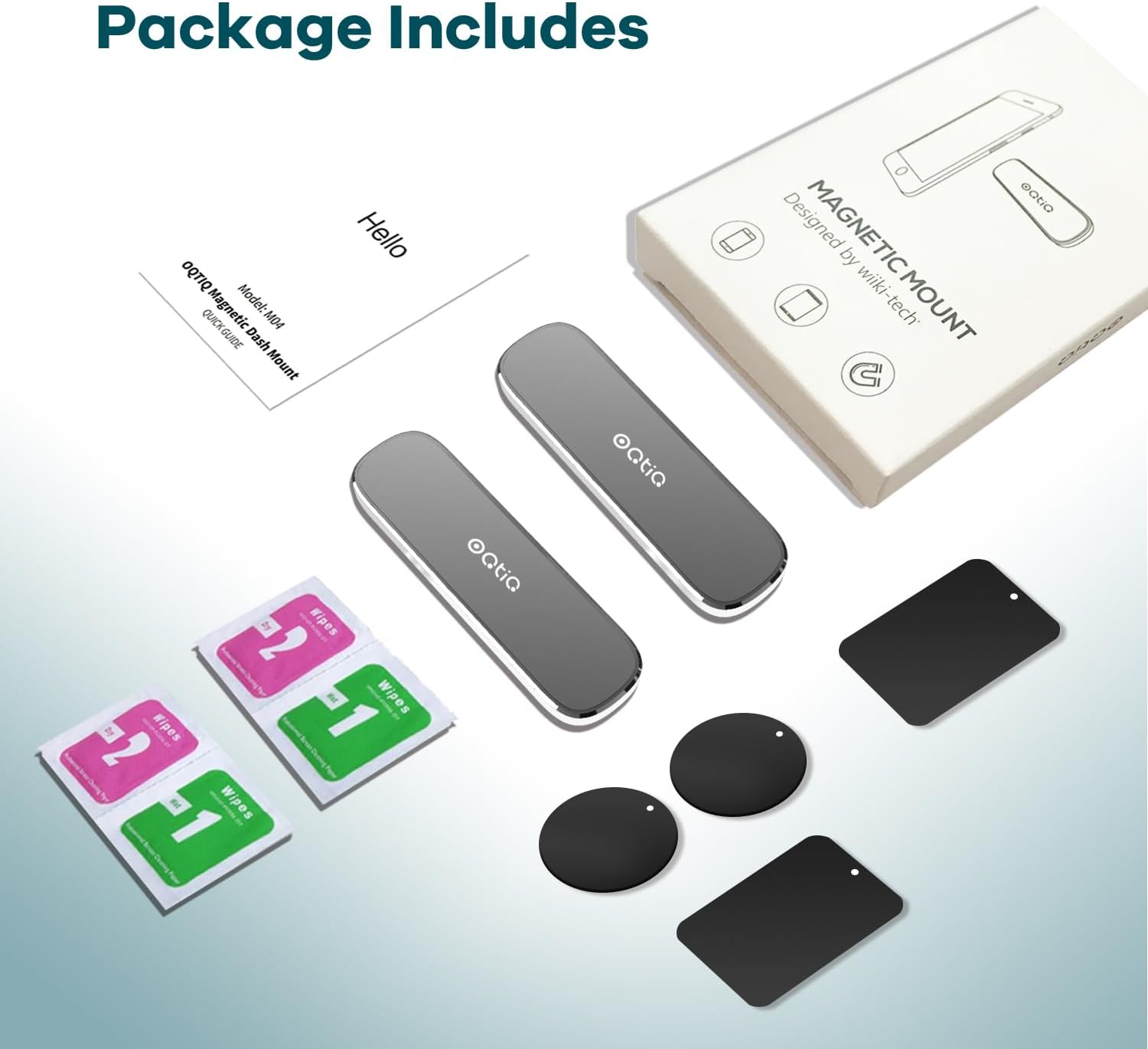 Contents of the OQTIQ magnetic mount package, including two magnetic mounts, metal plates, and cleaning wipes.