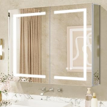 LED Mirror Cabinet,Bathroom Mirror Cabinet with Lights,91cm 81cm,Equip with Internal Light,Aluminum Construction,USB Shaver Socket,3 Color,Dimmer,Demister,Surface Mounted and Recess Mounted