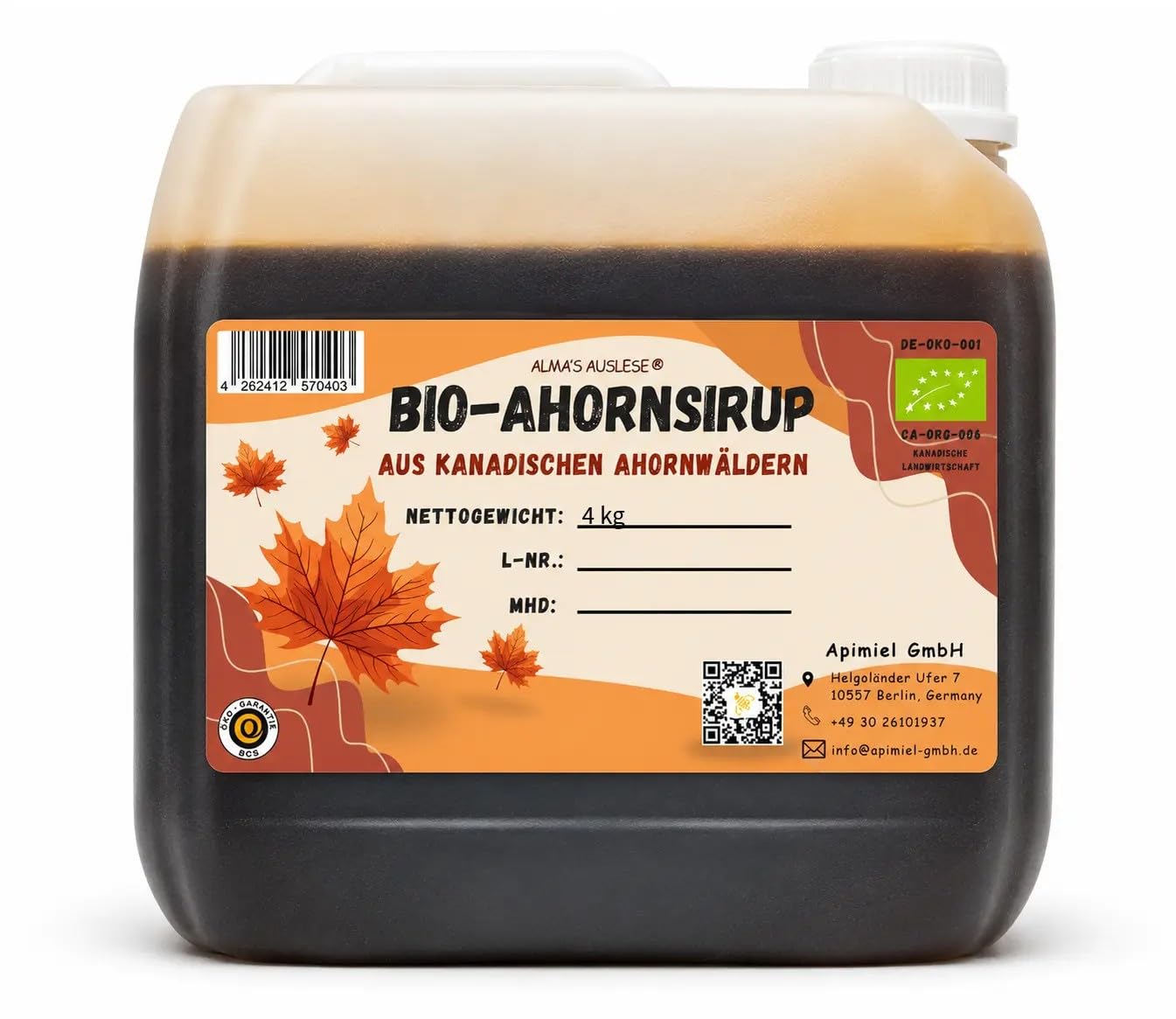 Apimiel Bio-Ahornsirup aus Kanada im 4kg-Kanister