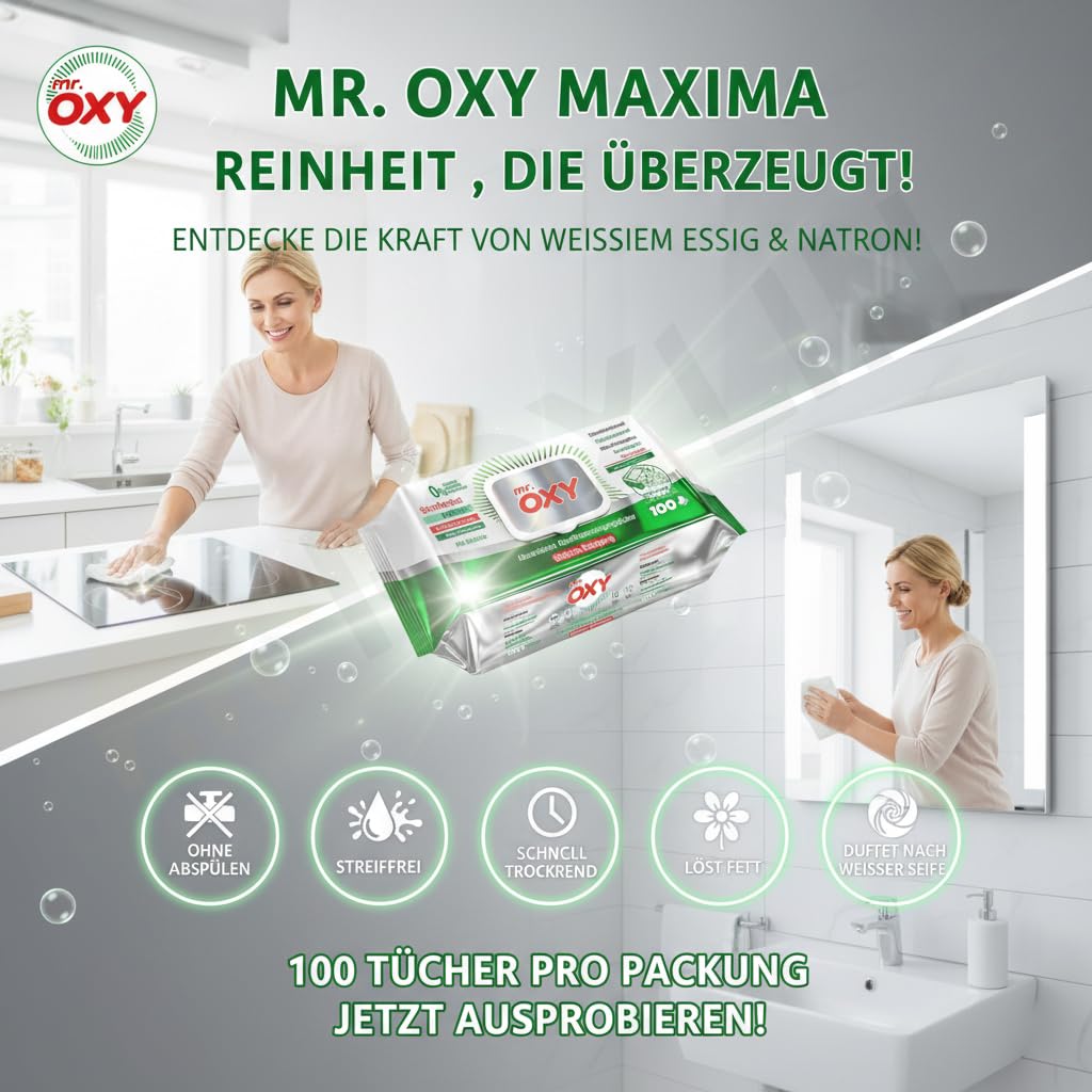 Mr. OXY Maxima Allzweck-Reinigungstücher Streifenfrei, Fettlösend, Schnell Trocknend, Duft nach Weißer Seife – Mit Weißem Essig & Natron – Ohne Nachspülen, Einfache Reinigung (Pack of 6)