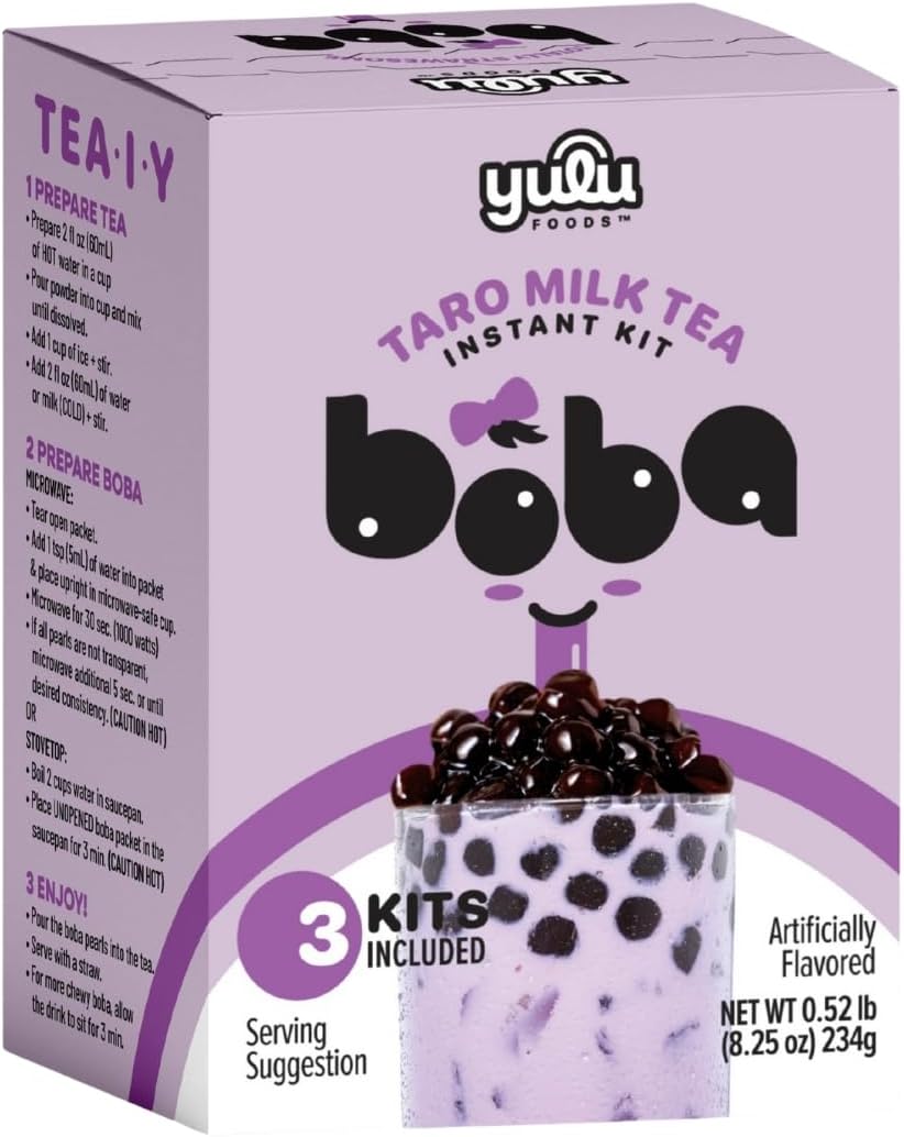 YULU FOODS Instant Bubble Pearl Taro Milk Tea Kit with Authentic Brown Sugar Tapioca Pearls - Ready in Under One Minute, Paper Straws Included – 3 Servings.