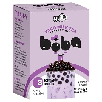 YULU FOODS Instant Bubble Pearl Taro Milk Tea Kit with Authentic Brown Sugar Tapioca Pearls - Ready in Under One Minute, Paper Straws Included 3 Servings.