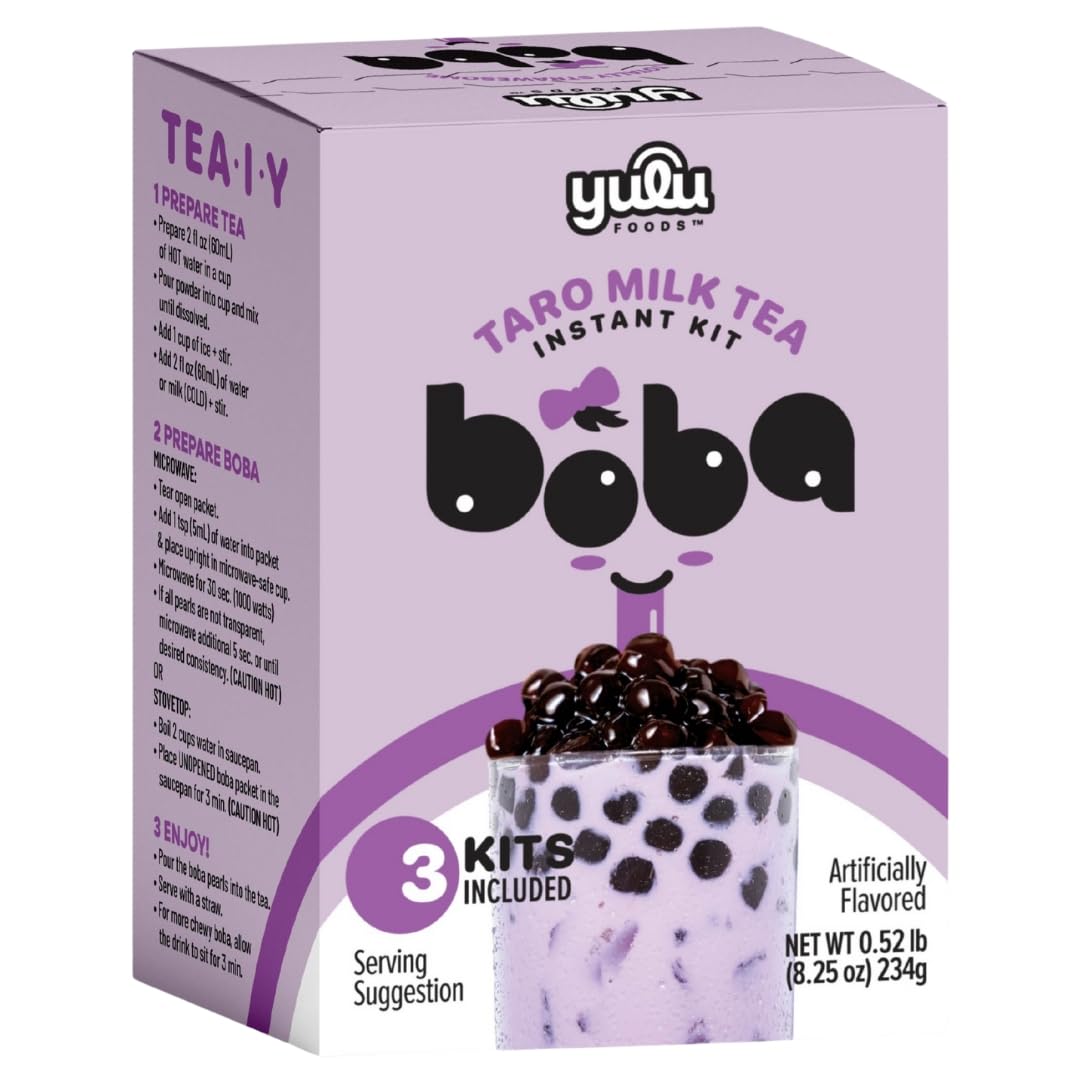 YULU FOODS Instant Bubble Pearl Taro Milk Tea Kit with Authentic Brown Sugar Tapioca Pearls - Ready in Under One Minute, Paper Straws Included – 3 Servings.
