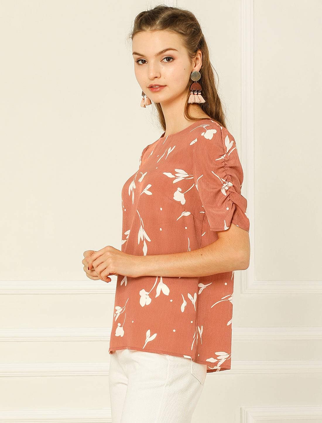 Allegra K Women's Floral Blouse Crew Neck Valentine's Day Casual Shirred Short Sleeve Top - Image 4