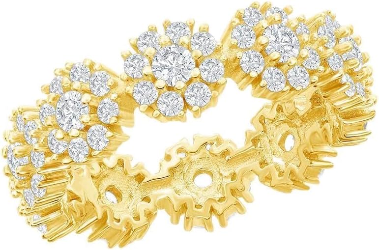 Beaux Bijoux Halo Flower Design with Simulated Diamond CZ Eternity Engagement Ring Silver/14K Gold Plated Sterling Silver Jewelry for Women