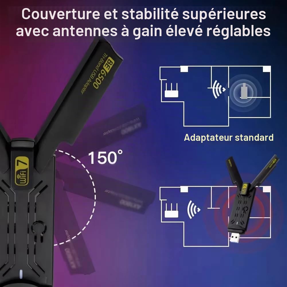 Adaptateur USB WiFi7 6500Mbps Adaptateur USB WiFi7 6500Mbps BE6500 Carte Réseau sans 2.4G&5.8G&6Ghz 802.11be Adaptateur WiFi sans Pilote pour Win 10/11
