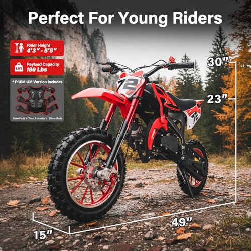 Image of Kids Dirt Bike Gas Powered, 50cc 2 Stroke 49cc Dirt Bike, Pit Bike Up to 24 MPH Pull Start, Gas Dirt Bike for Boys Girls Dual Disc Brake Inverted Fork Birthday Holiday Red with Armor Suit Set