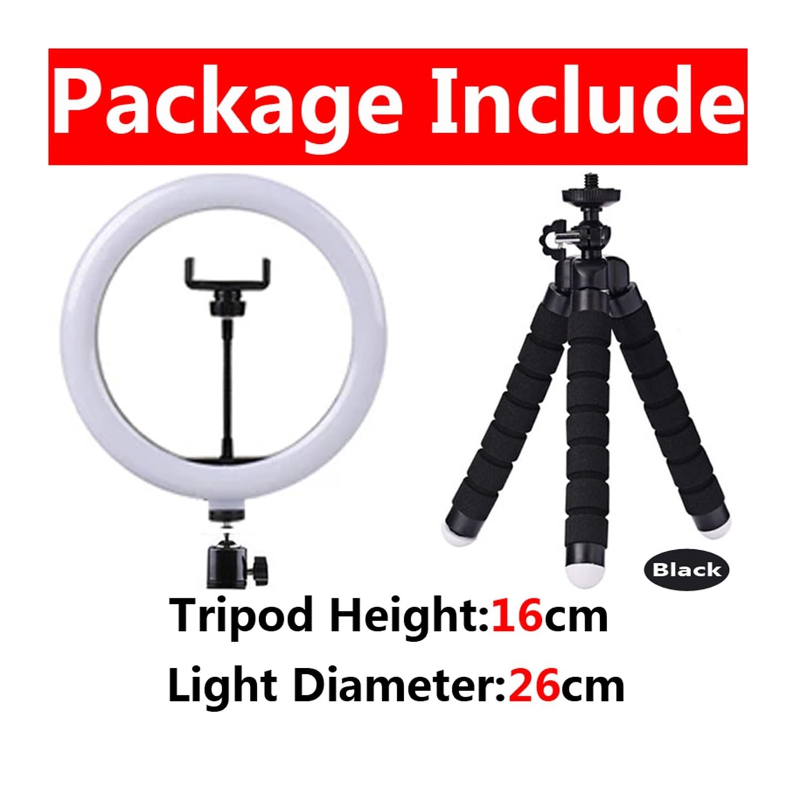 Lampa LED do selfie 26 cm, ściemniana, okrągła lampa do napełniania pierścieniami ze statywami (A-26 cm, czarna)