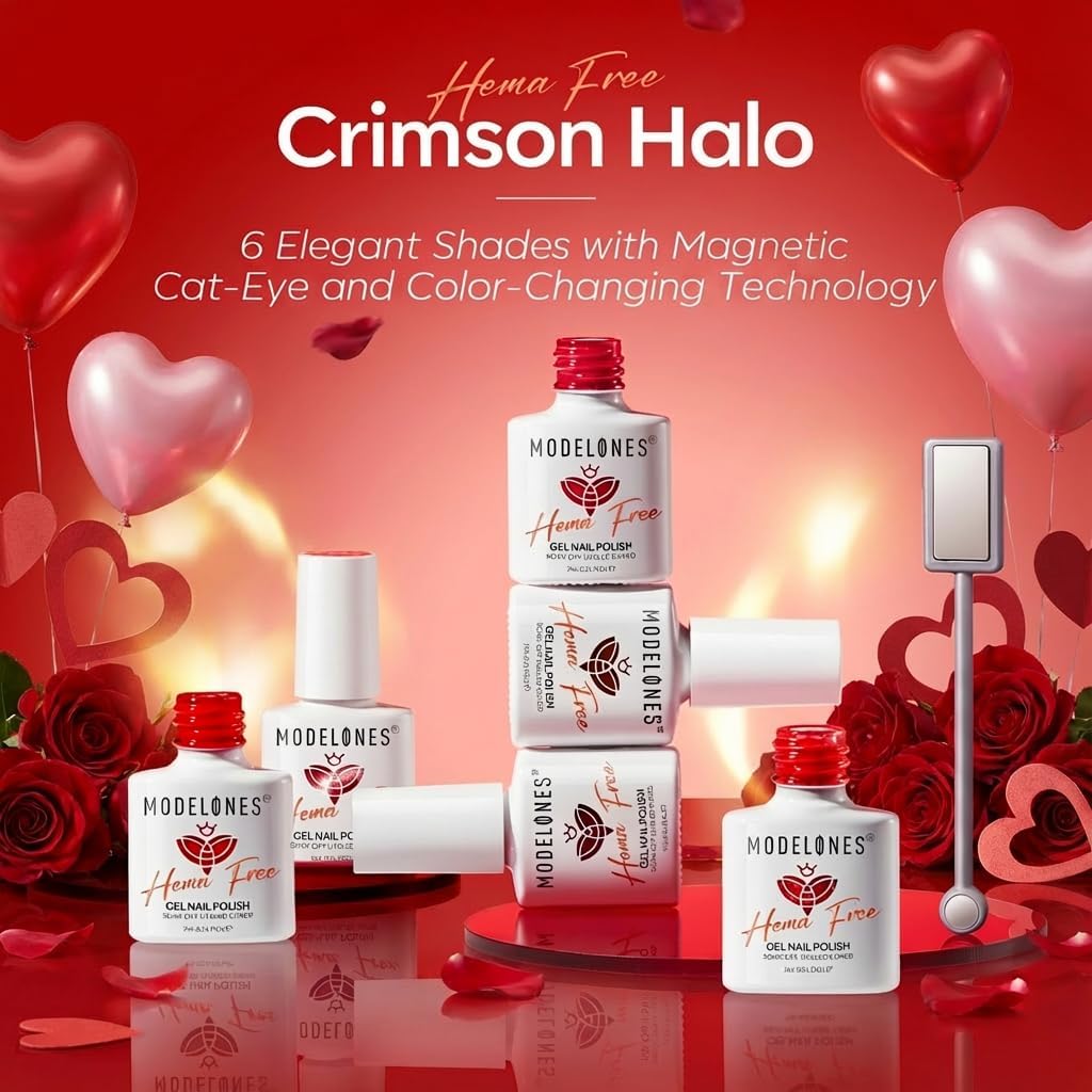 modelones Red Gel Nail Polish Set 2026 Valentine's Day 6 Colors Burgundy Cherry Dark Red Cat Eye Glitter Color Changing Hema&TPO Free Gel Polish Kit with Magnet Soak Off Nail Art DIY Gifts