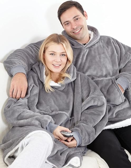 Eskimo Oversized Sherpa Hoodie Sweatshirt Blanket - Warm and Cozy - Reversible with Pockets Grey