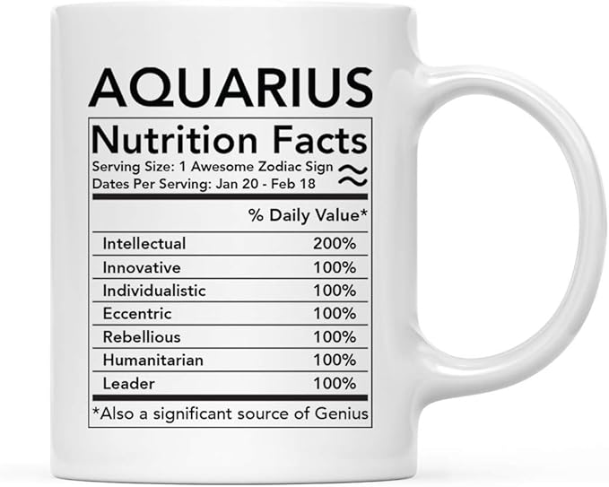Andaz Press Astrological Zodiac Star Sign 11oz. Coffee Mug Gift, Aquarius Characteristics Nutritional Facts, 1-Pack, Horoscope Aquarius Birthday Christmas Office Cup Gifts Ideas