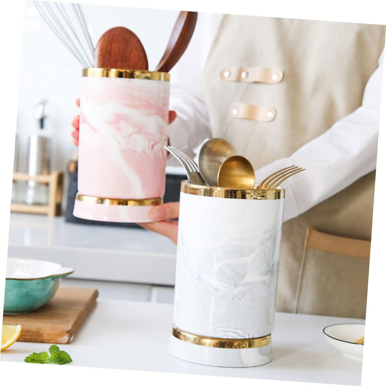 Cabilock Capacity Marble Pattern Chopstick Tube Utensil Organizer Silverware Holder for Kitchen Easy Access Cutlery Storage Bucket Farmhouse Style