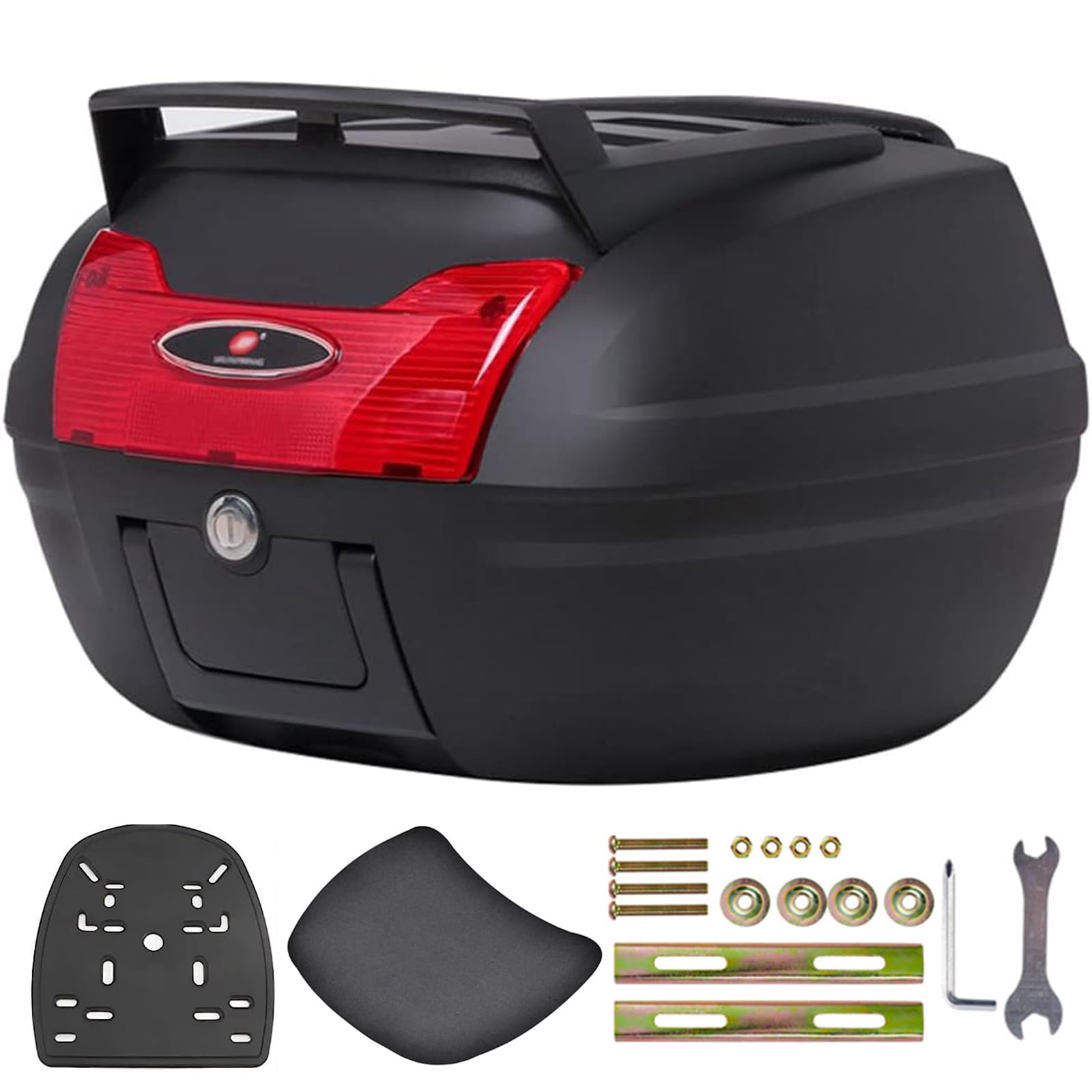 KFGISD, 46L Universal Motorcycle Tour Tail Box Trunk Luggage Topcase Lockable Storage Plastic Case with Soft Backrest ,Motorcycle Top Box(Black+red)