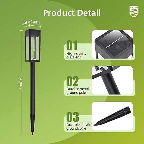 Miniatura 4 de Philips 8 paquetes de luces solares para caminos al aire libre, luces LED de metal de vidrio para jardín, 3000 K blanco cálido, impermeables para