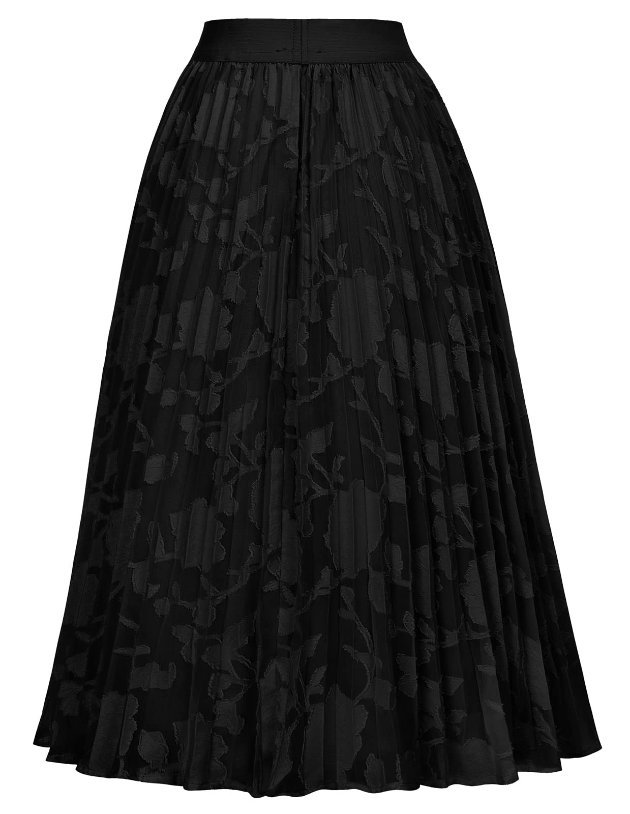 GRACE KARIN Women's Flared Pleated Ruffle Chiffon Skirt Below Knee Floral Lace Black S