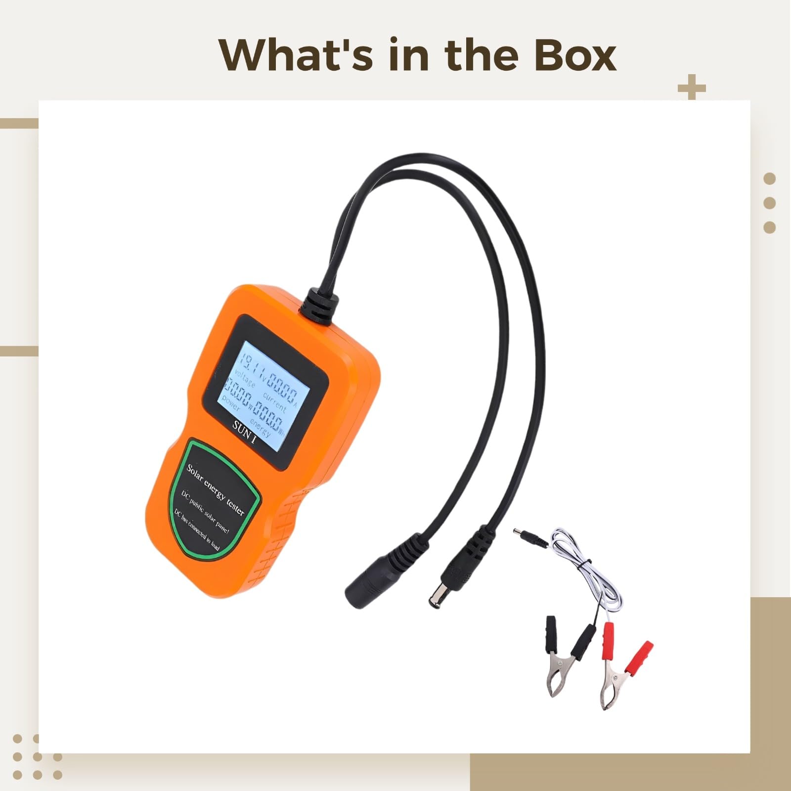 Tester per pannelli solari, 500 W, multimetro fotovoltaico LCD arancione, ampio raggio 5 W-500 W, display corrente di tensione, retroilluminazione, include clip di alimentazione, per analisi