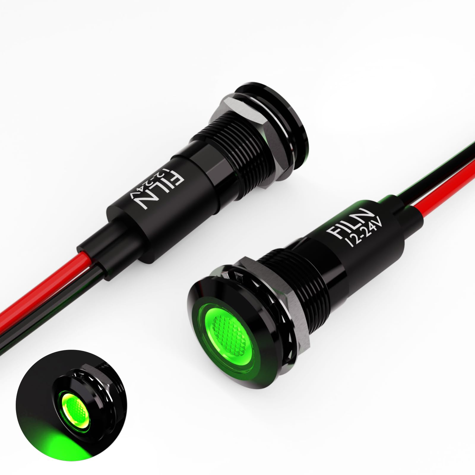 2PCS 12mm (1/2") Green LED indicator Light Waterproof Metal Signal Lamp 5V 12V 24V IP67 Pilot Dash Head for Car Industrial equipment Light (12v-black shell Green 2PCS)