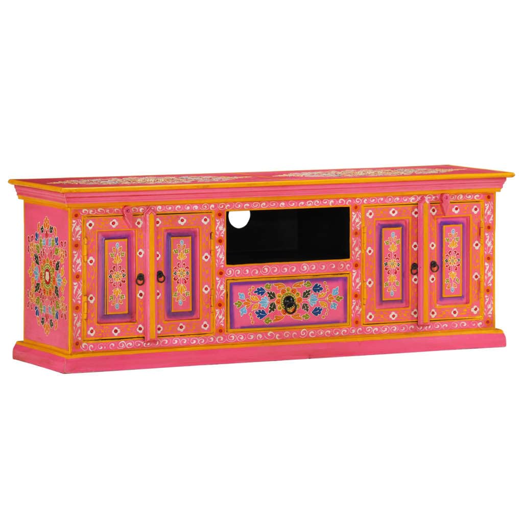 Living Room Furniture TV Stand Pink 43.3"x11.8"x15.7" Solid Wood Mango,Retro Wooden TV Stand with Compartments for Storage , Pink Mango Wood Cabinet for Media and Electronics , Dimensions: 43.3" x 18"