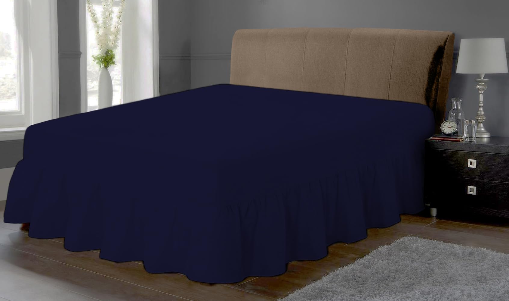 Laam linen Luxury Plain Dyed 100% Polycotton Frilled Valance Fitted Sheet Extra Deep Easy Care Frilled Valance Sheet Bedding Set (Navy Blue, King)