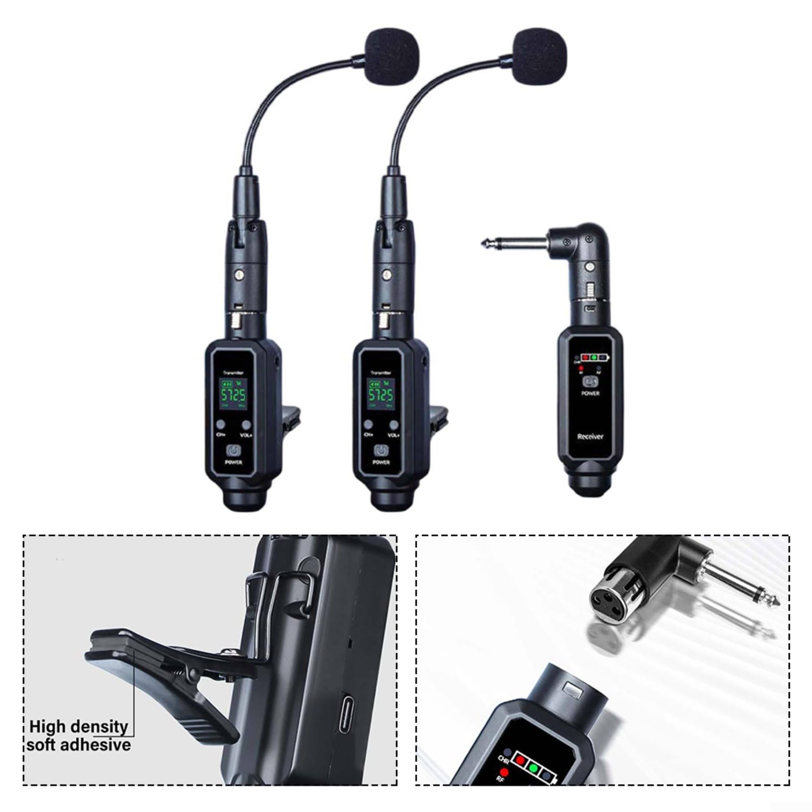 Kabelloses Instrumenten-Mikrofonsystem UHF 570–590 MHz < 6 ms Latenz 800 mAh für Saxophon Trompete Erhu Live Performance Stage schwarz (1 IN 2)
