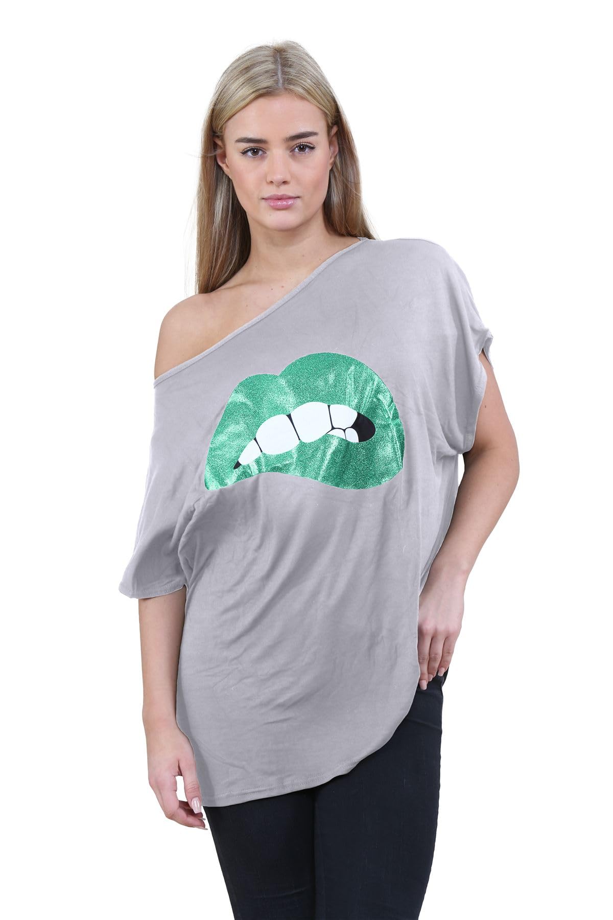 janisramone® Off The Shoulder Tops for Women, Batwing Sleeve Bardot Baggy Lagenlook Ladies Tops Slogan Printed Oversized T Shirt for Women - Summer Tops for Women UK