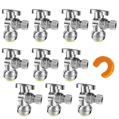 WiseWater 1/4 Turn Push Fit Angle Stop Valve, 3/8\" O.D x 1/2\" Push Shut Off Water Valve with Disconnect Clip, Push to Connect Brass Plumbing Fitting for Copper, PEX, CPVC, PE-RT Pipes (Pack of 10)