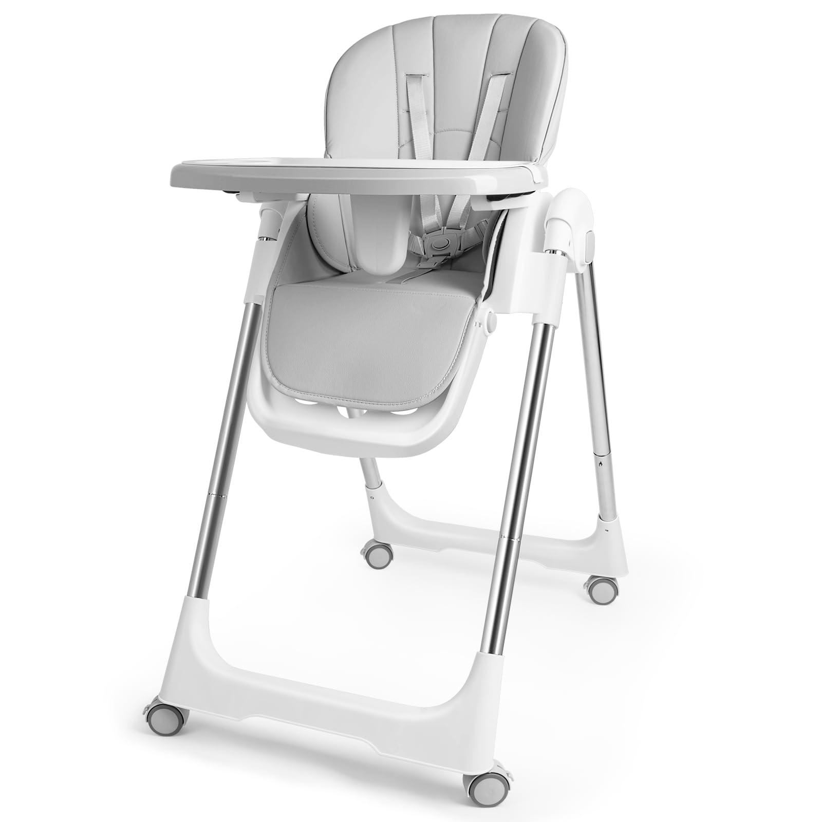 Aufun Kinderhochstuhl Verstehllbar und Klappbar, Höhenverstellbarer Baby Essstuhl mit Liegefunktion, Baby Hochstuhl mit wachsend und Sicherheitsgurt 6 Monaten bis 6 Jahre PU Leder Kissen (Grau)