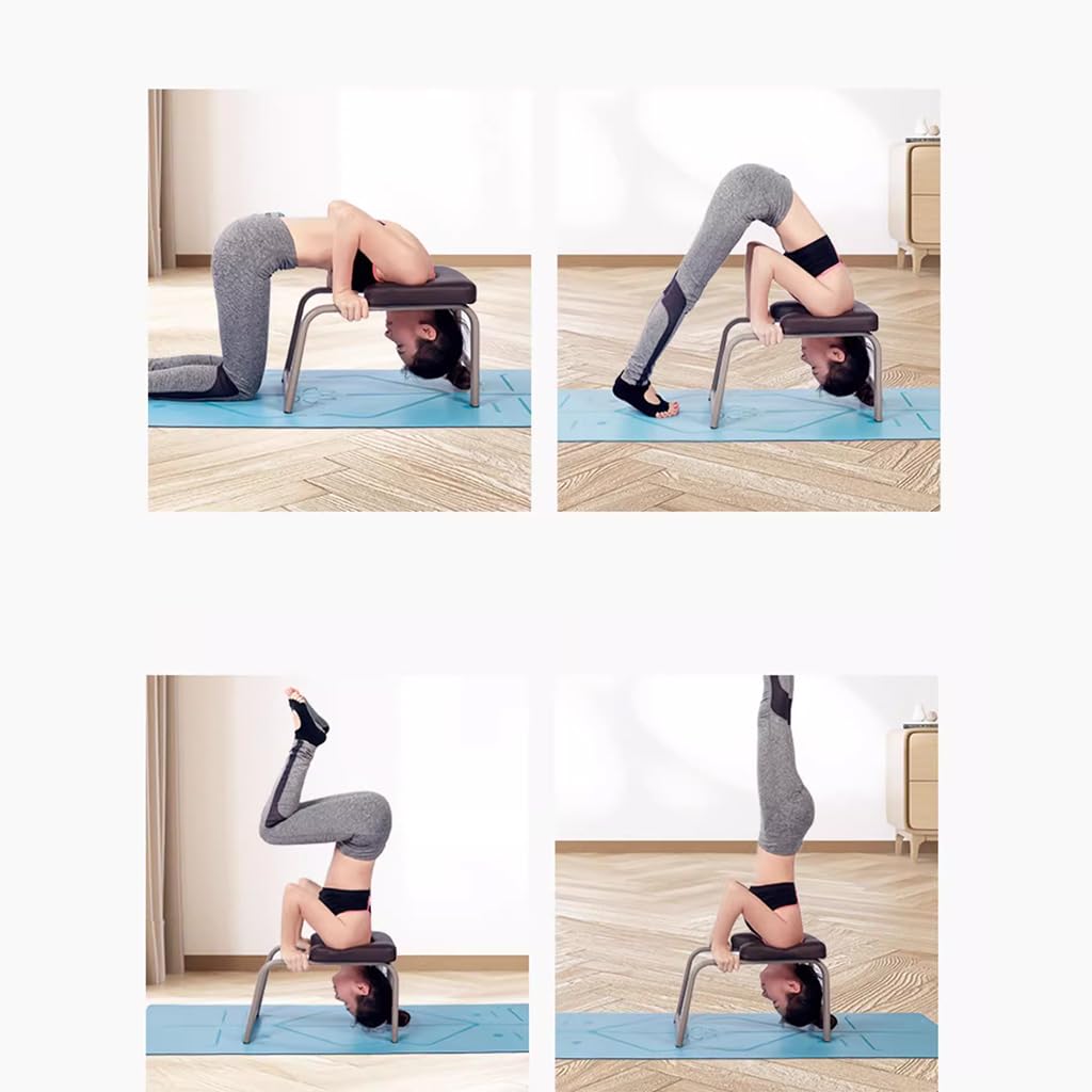 Sgabello per inversione per Yoga Sgabello Multifunzionale per inversione per Yoga Struttura in Acciaio Spesso e Tappetino in PU Sedia per inversione dell'equilibrio Panca per Yoga,Brown
