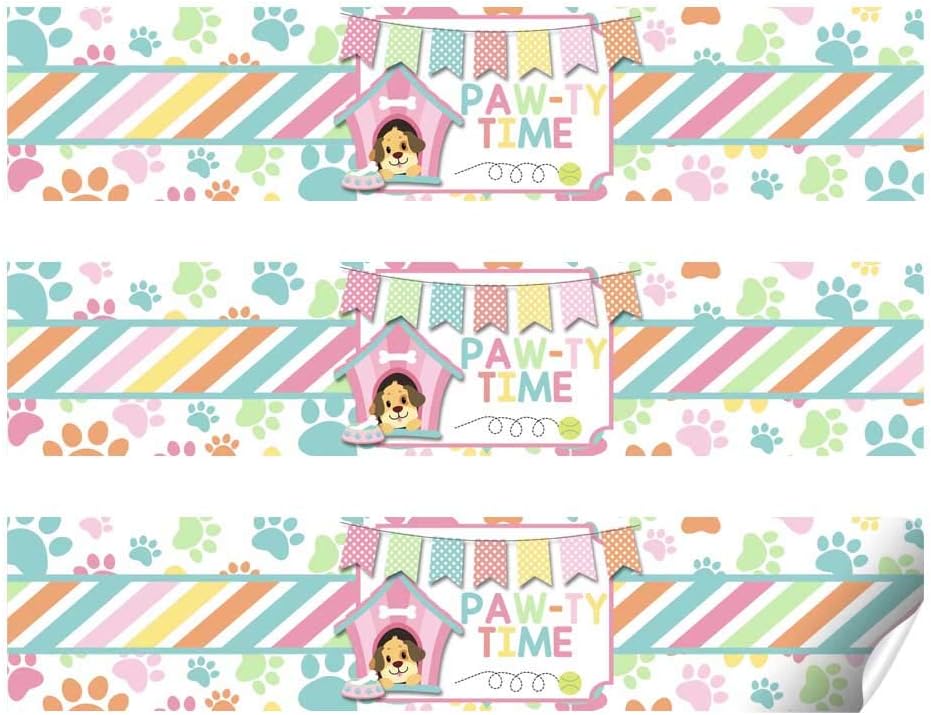 Puppy Water Bottle Labels, 20 Waterproof Vinyl 1.75 x 8.5 Inch Wraps for Girls Dog Birthday Party Drinks, Paw Print Puppy Theme, Made in USA by Amanda Creation image 2