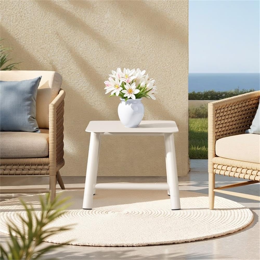 Pemberly Row Outdoor Patio Side Table, 19.5 in Square, Powder-Coated Rust-Resistant Aluminum, Light Beige Gray Finish, Minimalist Design, Versatile Small Table for Balconies, Patios, and Poolside Use
