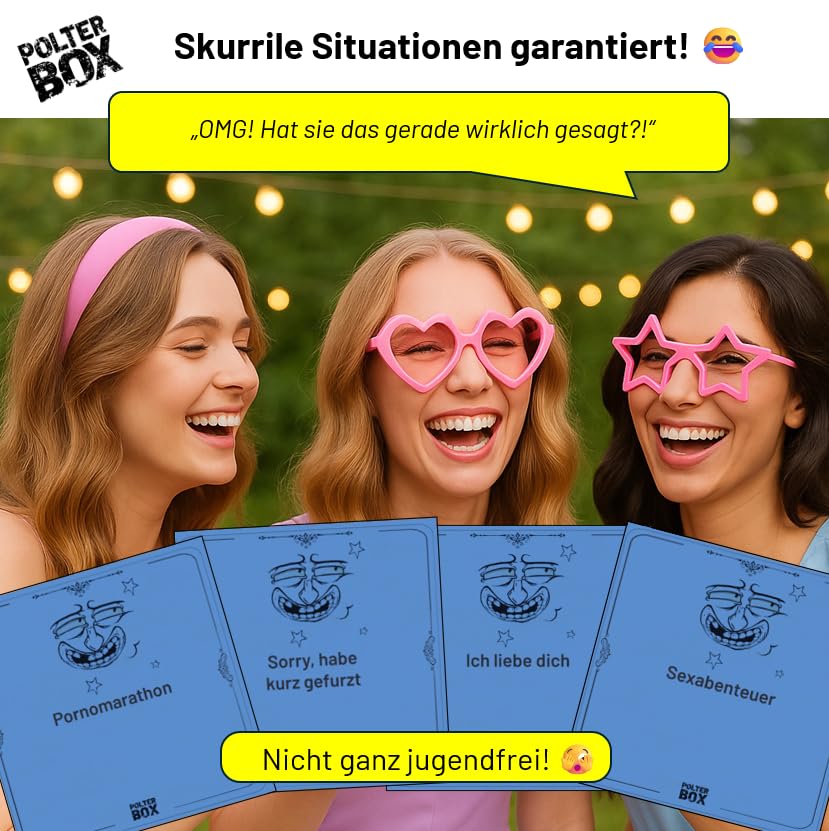 JGA PolterBox Deluxe – Komplettset mit 11 Partyspielen für Junggesellinnenabschied, 4–20 Spielerinnen – All-in-One JGA Partybox für Polterabend, Aufgaben & Gruppen-Challenges (Girls Edition)