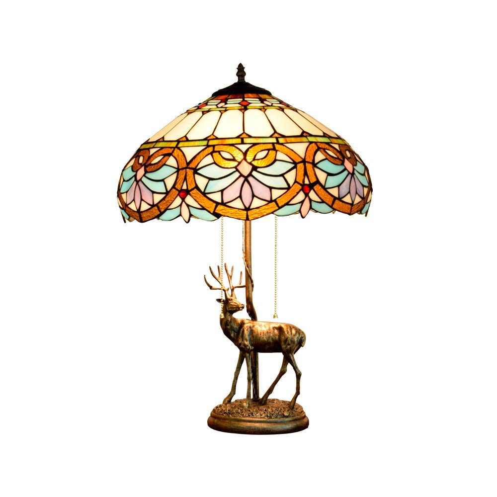 Aioneer 16 Inch Tiffany Stained Glass Table Lamp American Style Elk Alloy Base Creative Love Baroque Deer Lamp