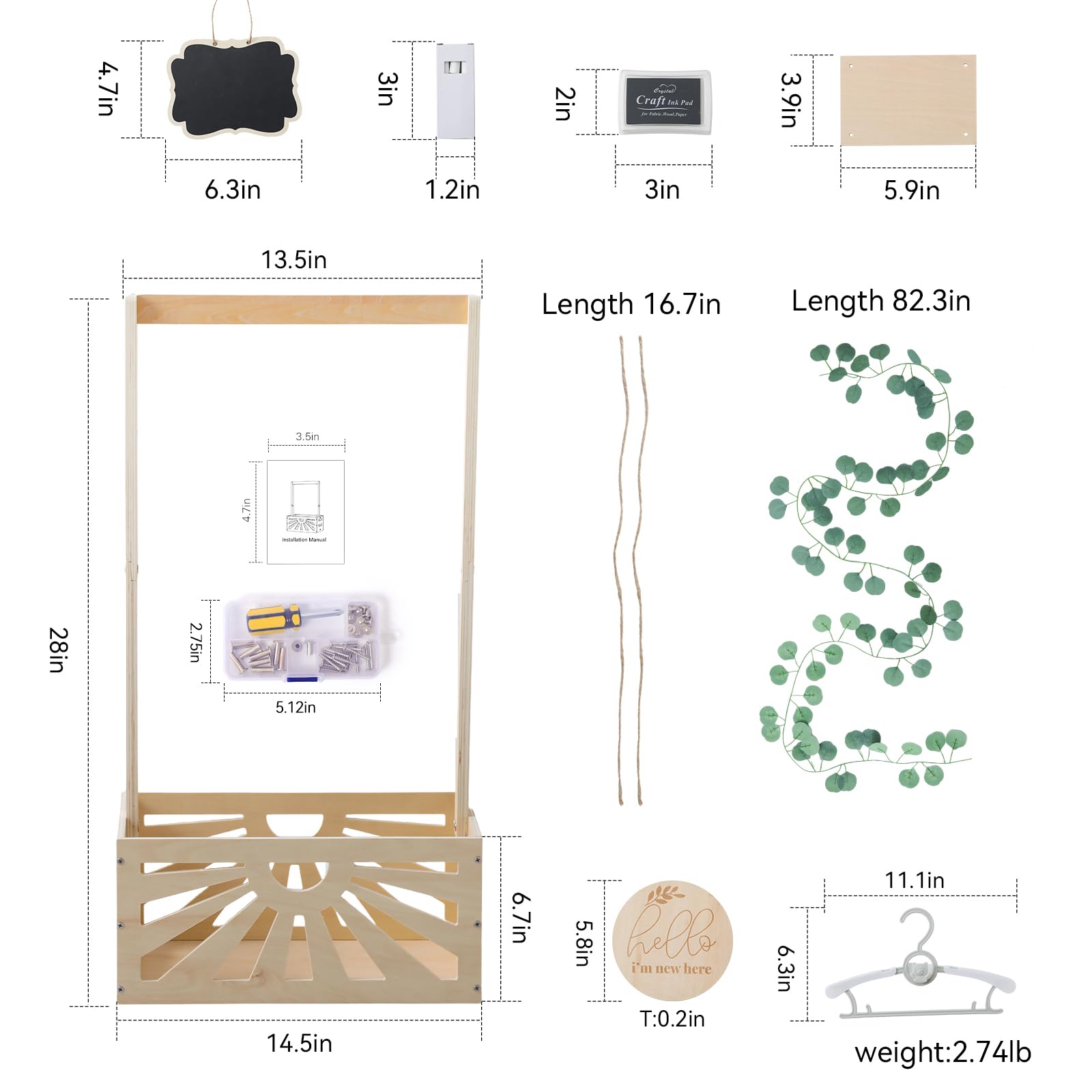 8 in 1 Wooden Baby Shower Crate Closet, Baby Basket with Handle,Baby Footprint Kit, Basket for Baby Shower Gifts, Baby Shower Wooden Gift Crate, Baby Personailzed Basket for Pregnancy New Parent