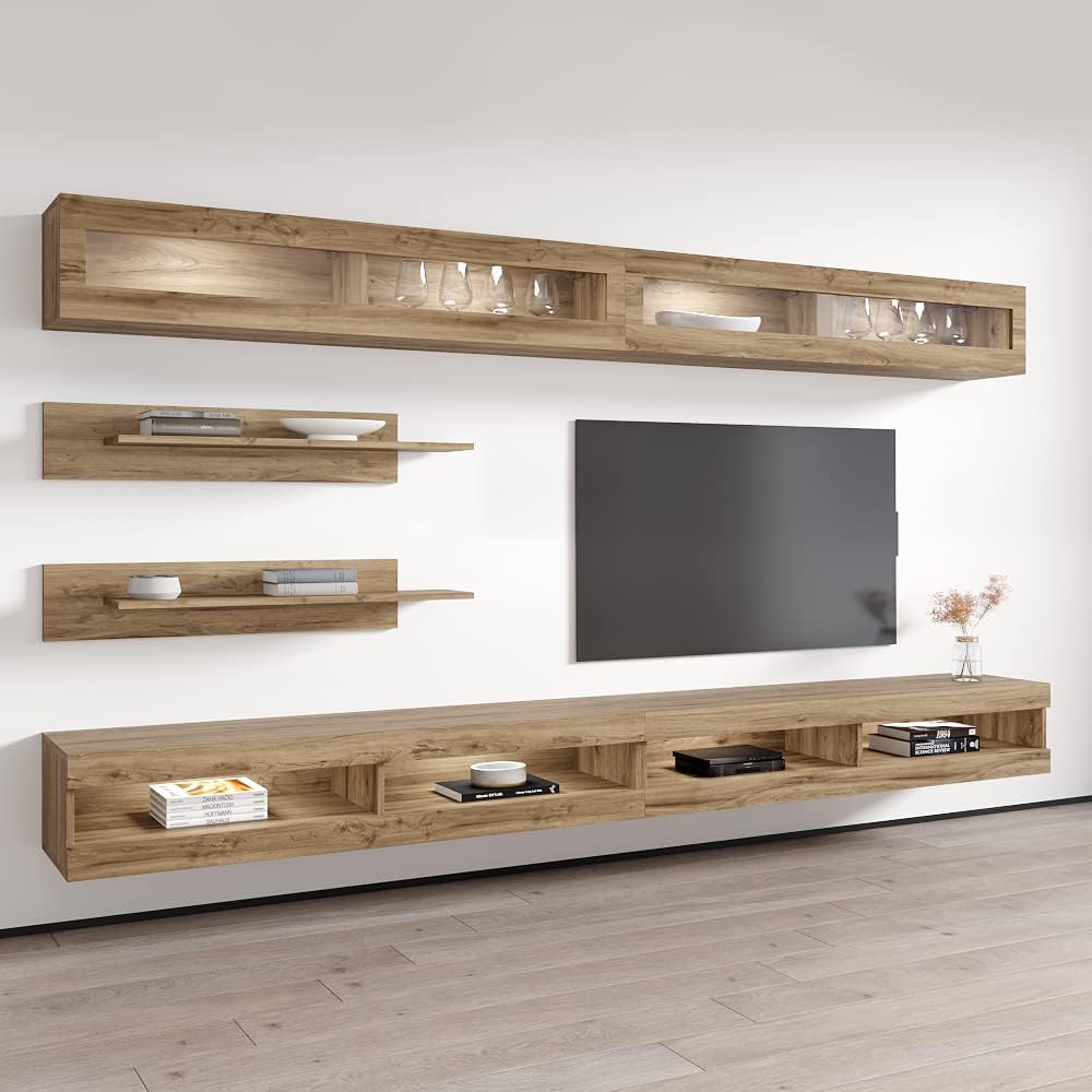 Meble Furniture Fly I1 34TV Stand Wall-Mounted Entertainment Center — Floating Modern TV Console with Storage, Shelves, and LED Lights — Engineered Wood, 59.1 x 15.7 x 13.8 in — Oak