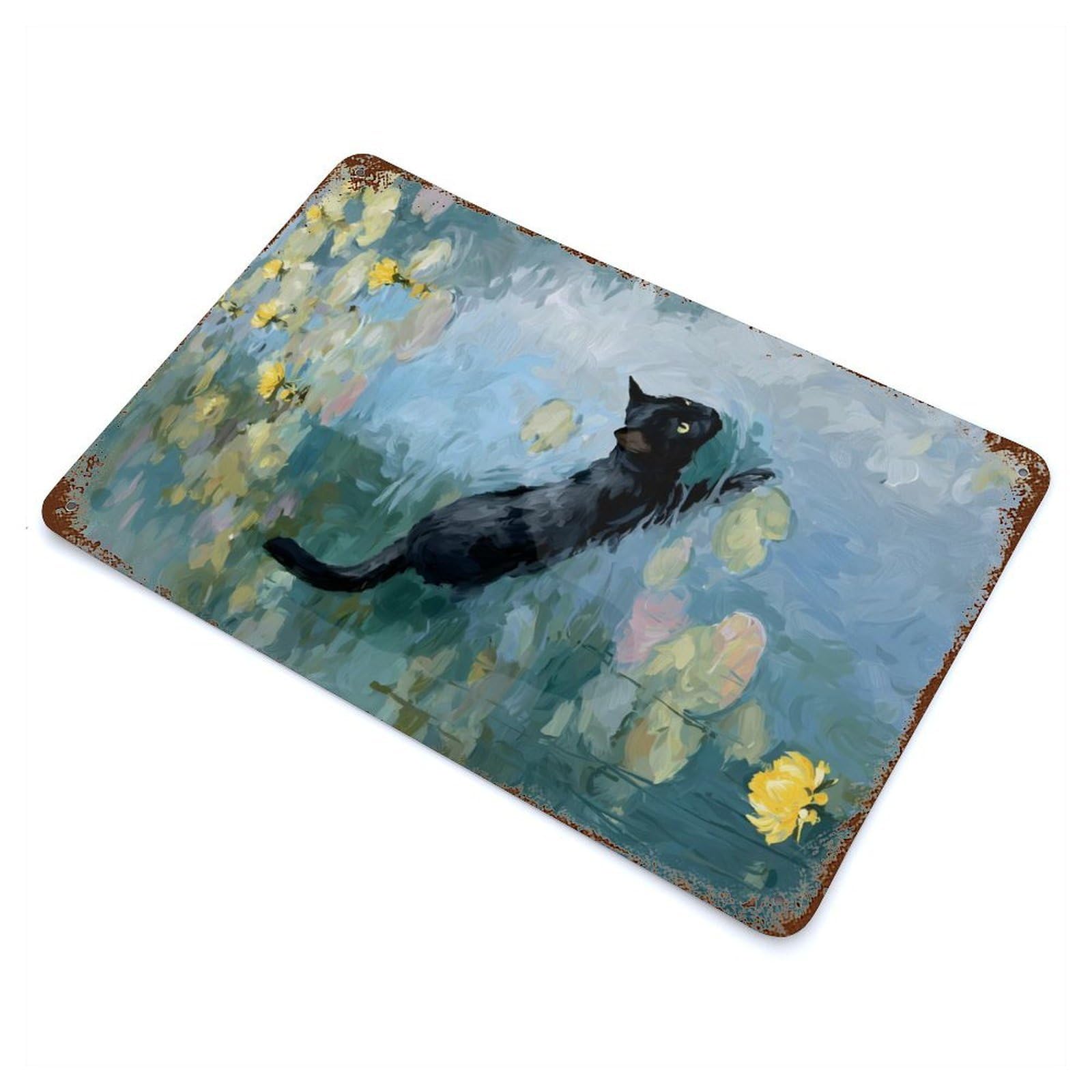 Distressed Metal Wall Sign Cat Swimming in Lily Pond 11.8"x7.9", Vintage Wall Decor for Cafe, Home Bar And Lounge Decor