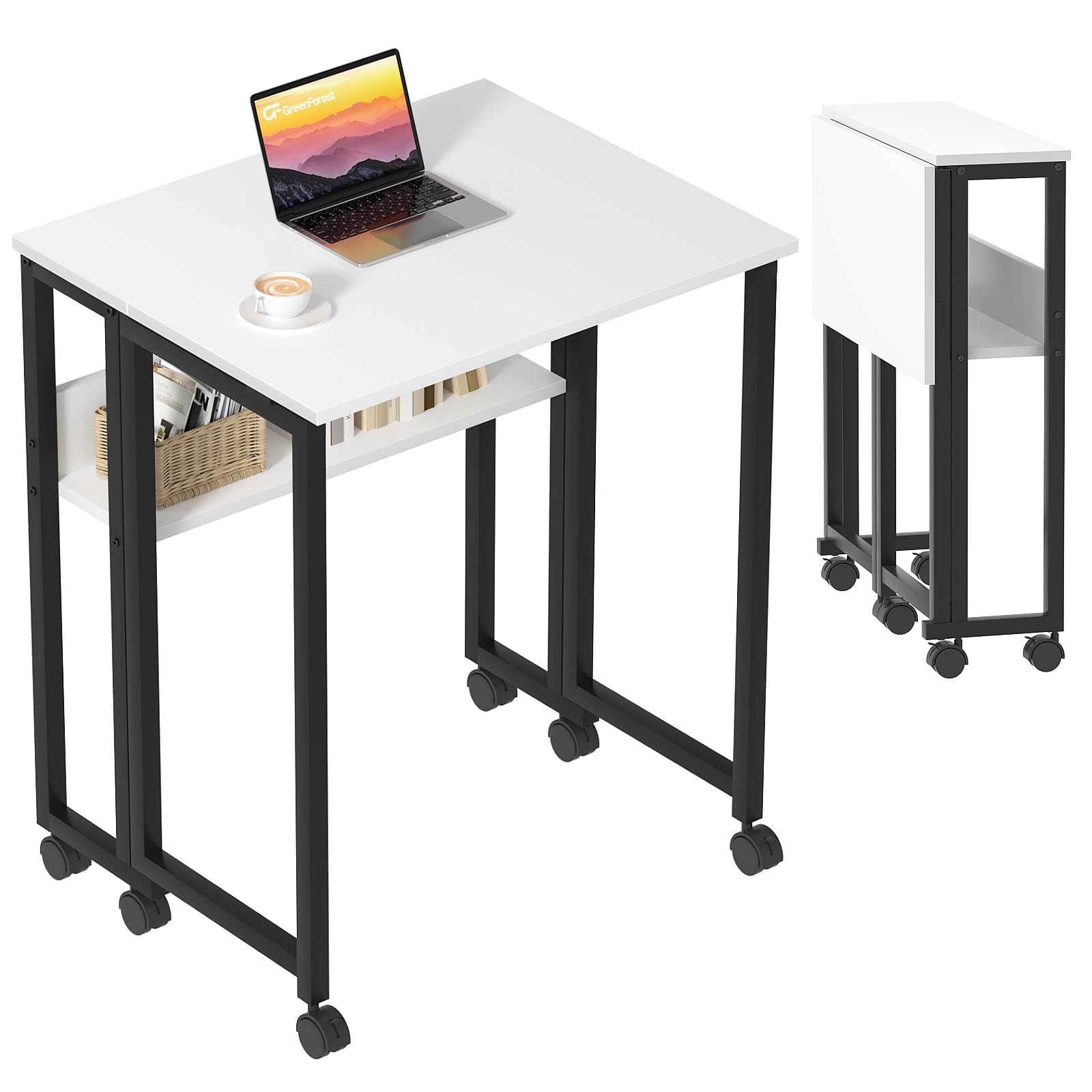 GreenForest Folding Desk Small Rolling Desk with Storage Shelf, 24.8 inch Foldable Computer Desk with Wheels for Small Space, Easy Assembly,White