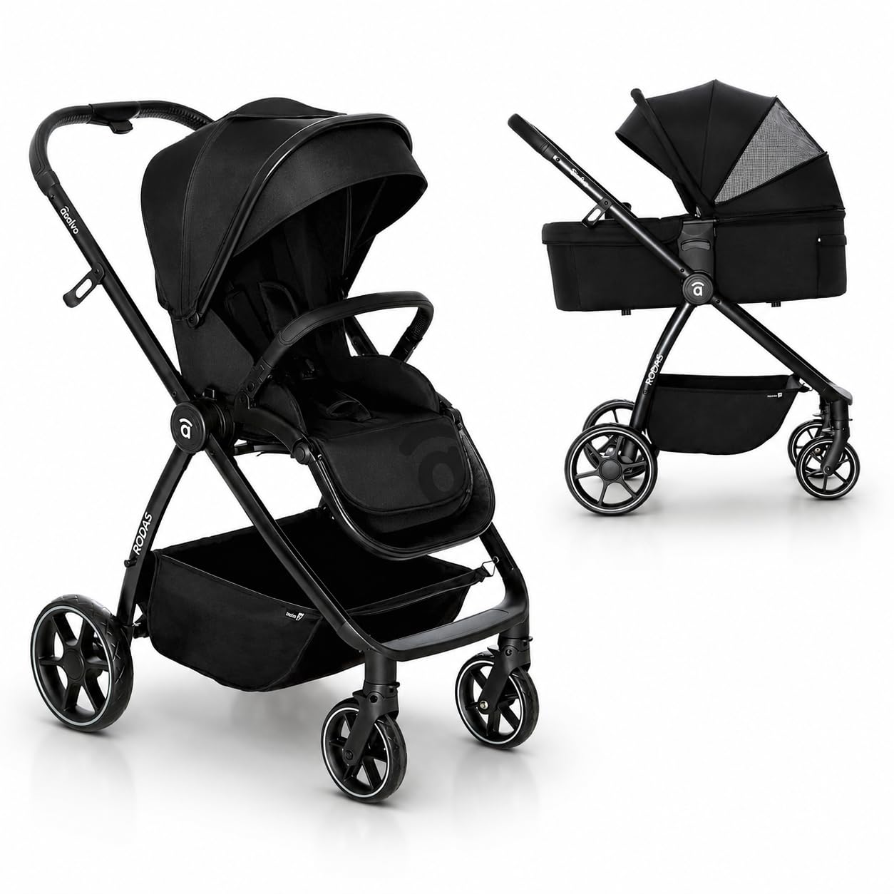 Asalvo DÚO RODAS Silla de Paseo, Carro Plegable Ultraligera y Compacta, Asa Trolley, Equipaje avión, Reclinable, Carro Bebe, Barra Seguridad, Arnés 5 Puntos, hasta 23kg, Negro