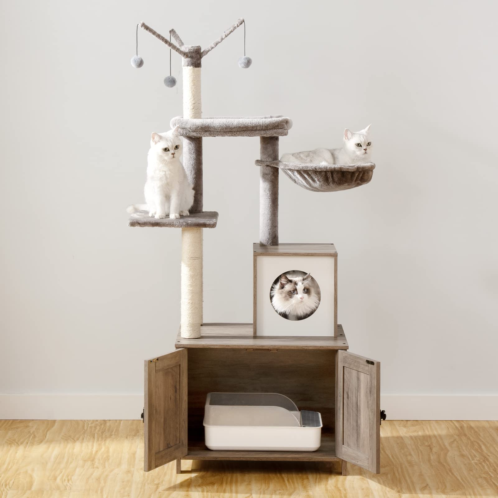 HOOBRO Kratzbaum mit Katzenklo-Schrank, 2-in-1 Katzenbaum, 150 cm, versteckte Katzentoilettenmöbel, Schrank für Katzentoilette, mit Sisalstämmen, abnehmbare Plüschball-Stange, Greige EBG15MZ03