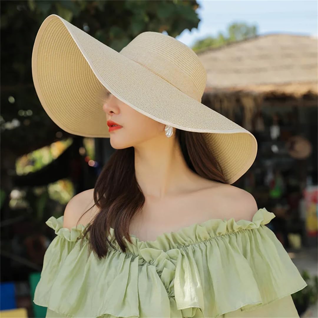 Yeuyyben Cappelli da spiaggia a tesa larga per le donne cappello estivo pieghevole cappello da sole alla moda piatto Bowknot Panama cappelli di paglia