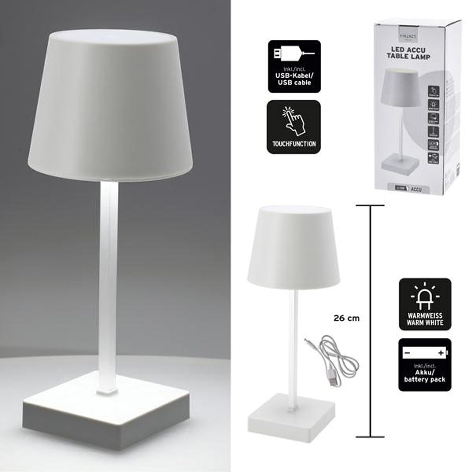 HAC24 2er Set Tischleuchte mit Touchfunktion Warmweiß USB Nachttischlampe Weiß Aufladbar Helligkeit regulierbar Schreibtischlampe Dimmbar
