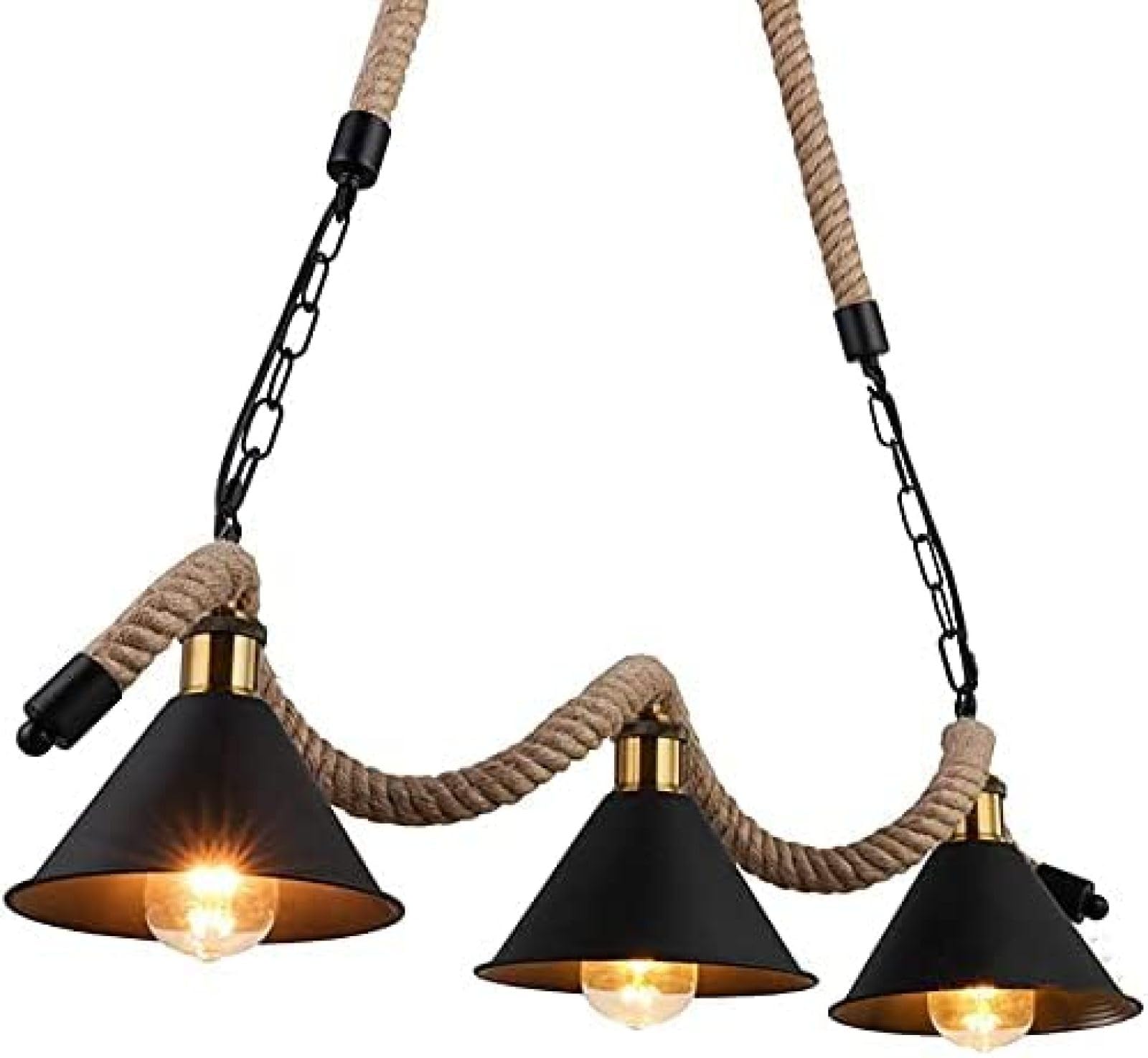 SYAXVOM Loft Hemp Rope Chandelier Industrial Pendant Light Wrought Iron Retro Droplight Dining Room Hanging Lamp Indoor Home 3 Lights Black E27