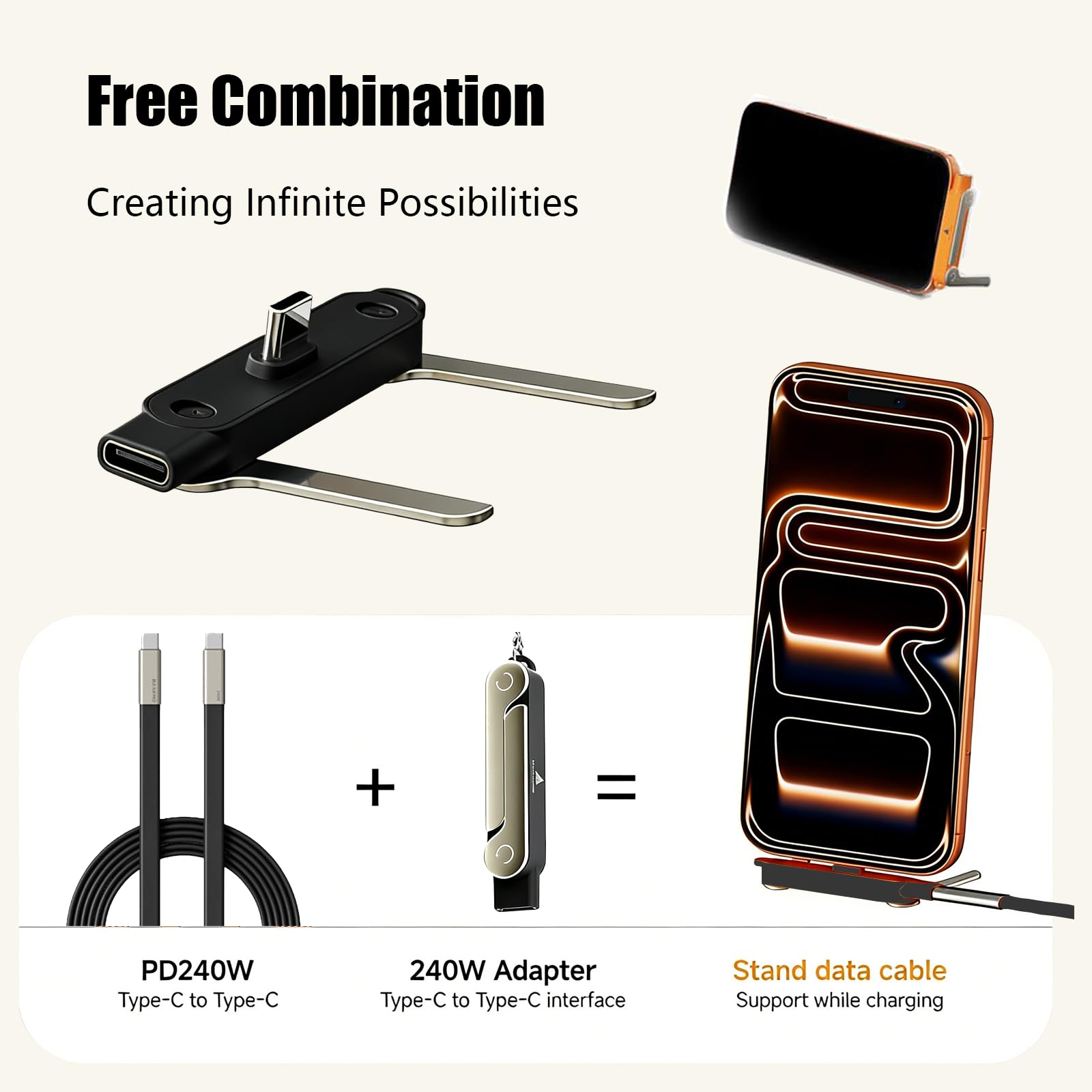 SIDEWAY Phone Charger 240W Silicone Cable with Detachable Stand - Universal Type-C, 90° Angle, 480Mbps Data Transfer Speed(balck) — view 2