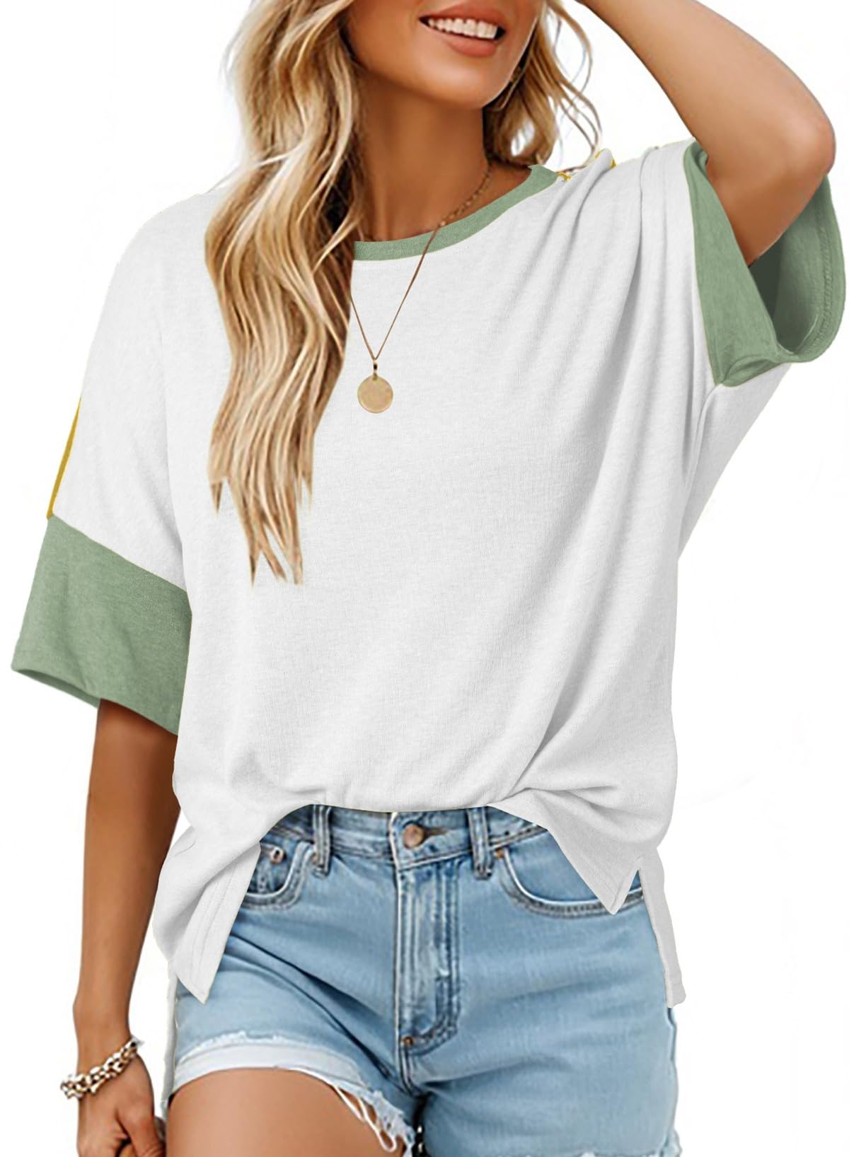 Dokotoo Womens Tops Oversized Trendy Shirts 2026 Summer Color Block Crewneck Business Casual Womens Blouses S-2XL