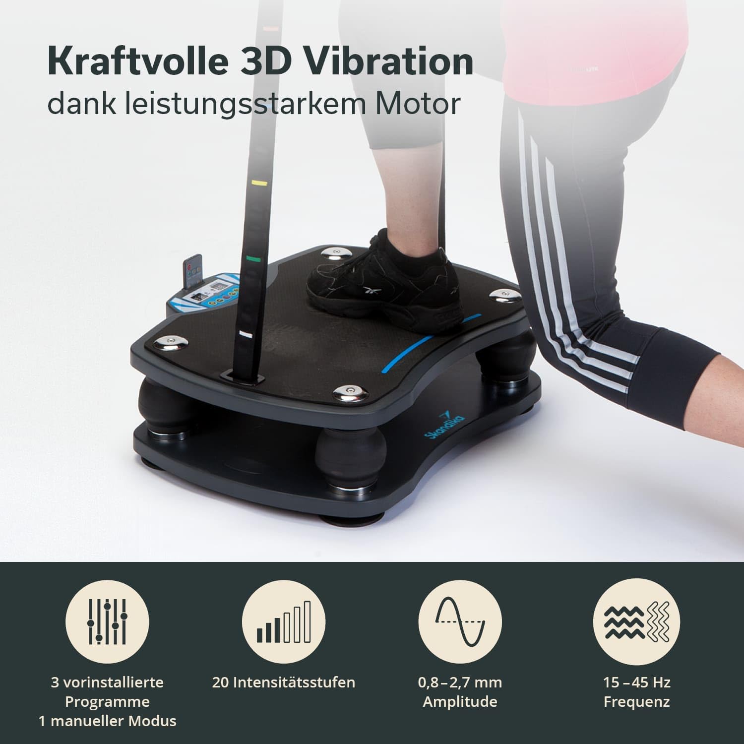 Skandika Vibrationsplatte 500 3D Vibration | große rutschsichere Fläche | 4 Programme + 20 Stufen | Fitness Von Zuhause | Inkl. Trainingsbänder, Fernbedienung + Poster | Fitness von Zuhause