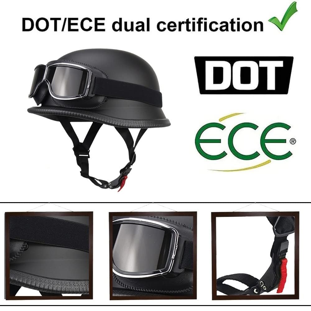 Style Allemand Millésime Moto Demi-Casque, ECE Approuvé Adulte Hommes Femmes Visage Ouvert Casque de Moto, avec Lunettes Masque Gants, pour Hachoir Croiseur Rue Trottinette